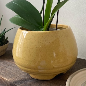 MCM 1960s Harvest Succulent Pot | Three-Footed Planter, Yellow Speckled Pot, American Vintage Pottery