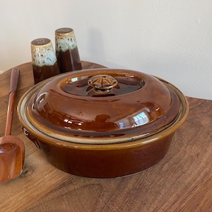 May include: A round, brown glazed ceramic casserole dish with a matching lid featuring a central knob. Beside it are two matching brown and cream glazed ceramic shakers and a long-handled wooden spoon with a brown painted handle.