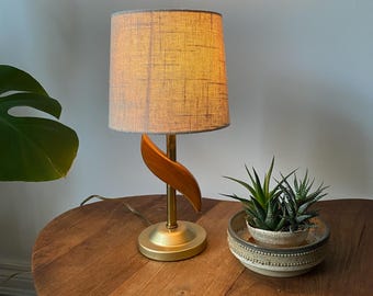 Vintage MCM Walnut Brass Leaf Accent Lamp | Biomorphic Table Light, Burlap Shade