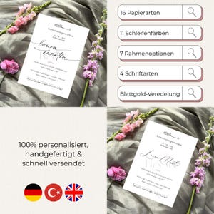 May include: White invitation card with elegant calligraphy, featuring the names "Laura Martin" and Arabic script. The card is surrounded by pink and purple flowers, with text options displayed above.