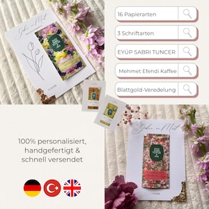 May include: Elegant stationery set featuring floral designs and gold accents. Includes cards with botanical illustrations and text, alongside a sprig of pink flowers. The text on the cards reads "Geher Mat" and "EYÜP SABRI TUNCER".