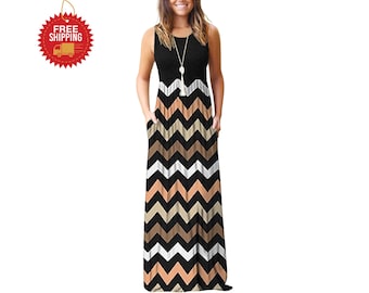 Women Sleeveless Maxi Dress with Pockets Casual Floral Long Summer Beach Dress