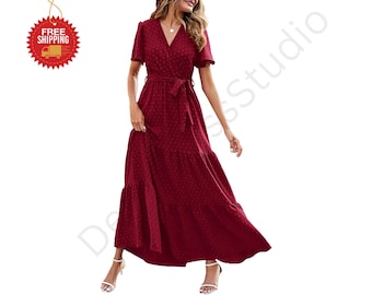 Damen Swiss Dot Maxikleid Boho Wrap V-Ausschnitt Flatterärmel Hochzeitsgast Kleid
