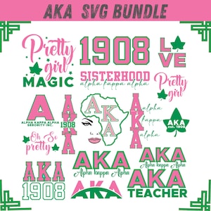 Könnte beinhalten: Ein digitales SVG-Bundle mit verschiedenen Designs in Pink und Grün. Die Designs enthalten Texte wie "Pretty Girl", "1908", "Sisterhood" und "AKA". Es gibt auch Bilder von Efeublättern und eine Karte von Afrika.