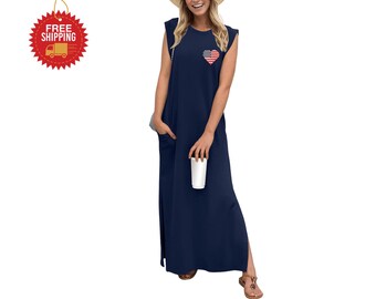 Women's Sleeveless Maxi Dress With Pockets Loose Split Vacation Casual Dress XXS-4XL