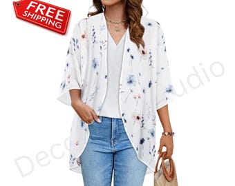 Womens Floral Kimono Cardigan Puff Sleeve Chiffon Beach Cover Up Loose Blouse Top