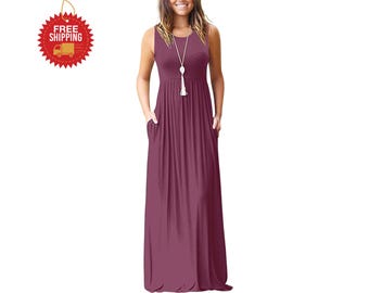 Women Sleeveless Maxi Dress with Pockets Casual Floral Long Summer Beach Dress