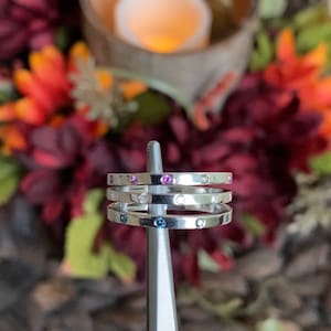 Pu&ograve; includere: Un anello d'argento con quattro bande, ciascuna con piccole pietre preziose. La banda superiore &egrave; incastonata con pietre rosa, la seconda banda con pietre bianche, la terza banda con pietre blu e la banda inferiore con pietre bianche.