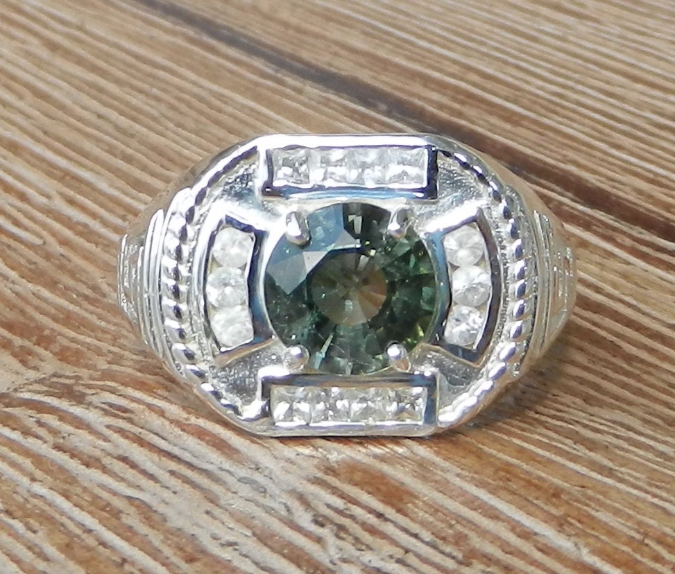 Mens Natural 2.15 CT Green Tourmaline and White Sapphire Ring Etsy