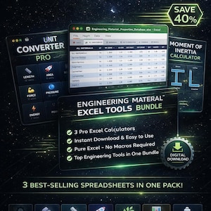 Könnte beinhalten: Werbung für ein Ultimate Engineering Excel Tools Bundle. Das Bild zeigt drei Excel-Rechneroberflächen, darunter einen Einheitenumrechner und einen Trägheitsmomentrechner, mit einem Rabatt von 40 %. Das Bundle enthält 3 Pro-Excel-Rechner.