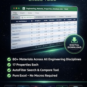 May include: A digital download graphic for an engineering material database Excel tool. The image shows an Excel spreadsheet with material properties, a digital download button, and icons for different material types. The text reads "Engineering Material Database Excel Tool".