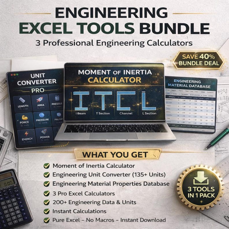 Ensemble d'outils Excel d'ingénierie | Moment d'inertie, convertisseur d'unités, base de données de matériaux image 1
