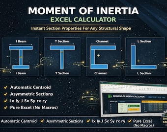 Traagheidsmomentcalculator — Excel-spreadsheet | 12 doorsneden | Hulpmiddel voor structurele engineering