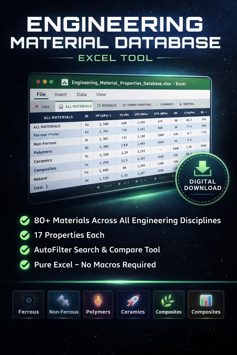 Peut inclure: Graphique de t&eacute;l&eacute;chargement num&eacute;rique pour un outil Excel de base de donn&eacute;es de mat&eacute;riaux d'ing&eacute;nierie. L'image montre une feuille de calcul Excel avec les propri&eacute;t&eacute;s des mat&eacute;riaux, un bouton de t&eacute;l&eacute;chargement num&eacute;rique et des ic&ocirc;nes pour diff&eacute;rents types de mat&eacute;riaux.