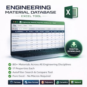 Könnte beinhalten: Ein Laptop-Bildschirm zeigt eine Excel-Tabelle mit der Bezeichnung "Engineering Material Database". Das Bild enthält den Text "Engineering Material Database Excel Tool" und eine Schaltfläche "Digitaler Download". Die Tabelle zeigt Daten, die in Spalten und Zeilen organisiert sind.
