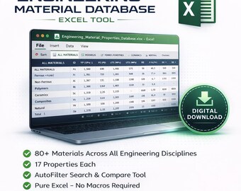 Base de données des propriétés des matériaux d'ingénierie | Outil de référence Excel | Plus de 80 matériaux | Propriétés mécaniques thermiques électriques