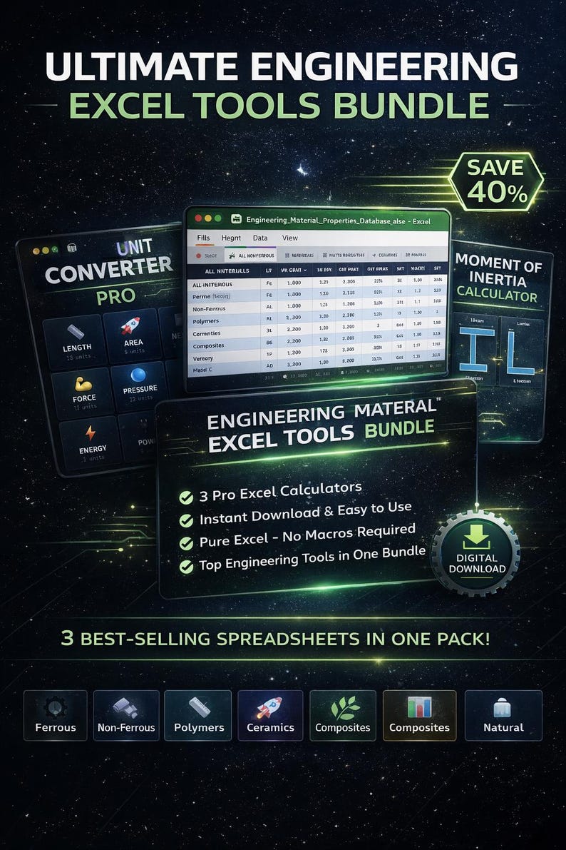 Peut inclure: Publicit&eacute; pour un ensemble d'outils Excel d'ing&eacute;nierie ultime. L'image pr&eacute;sente trois interfaces de calculatrice Excel, dont un convertisseur d'unit&eacute;s et une calculatrice de moment d'inertie, avec une offre de r&eacute;duction de 40 %. Le pack comprend 3 calculatrices Excel pro.