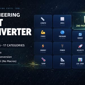 Peut inclure: Graphique num&eacute;rique promouvant Engineering Unit Converter Pro. L'image pr&eacute;sente un fond bleu fonc&eacute; avec une grille d'ic&ocirc;nes repr&eacute;sentant diverses unit&eacute;s telles que la longueur, la surface, la force et l'&eacute;nergie. Le texte met en &eacute;vidence plus de 135 unit&eacute;s et 17 cat&eacute;gories.