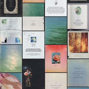 Könnte beinhalten: Eine Collage aus verschiedenen künstlerischen Seiten mit floralen und naturnahen Bildern. Die Seiten zeigen Text, darunter die Wörter "Bloom", "Still" und "Afterglow". Die Farbpalette umfasst Rosa, Blau und Grün, mit einer Vintage-Ästhetik.