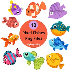 Paquete de imágenes prediseñadas de peces pixelados, 10 archivos PNG de animales marinos adorables, arte pixelado de peces tropicales para emoticonos de Twitch, scrapbooking digital.