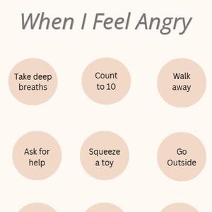 May include: A beige poster with the text "When I Feel Angry" at the top. The poster has nine circles with suggestions for managing anger, including "Take deep breaths," "Count to 10," and "Walk away."