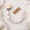 Personalized pacifier chain with name, pacifier clip for girls, pink and beige, baby gift for newborns | Personalized pacifier holder product logo