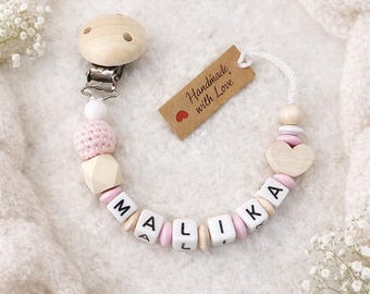 Personalisierte Schnullerkette mit Name  Schnullerclip Mädchen Rosa Beige Baby Geschenk zur Geburt | Schnullerhalter personalisiert