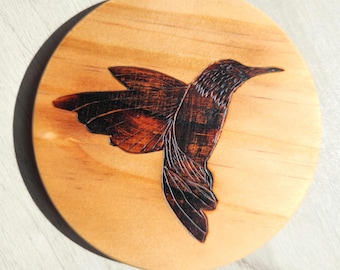 Fine Detail Pyrography Coasters – Set of 4, Hand Burned Wood Coaster Set, Cottagecore Nature Decor, Hummingbird Design by StoneDandelion