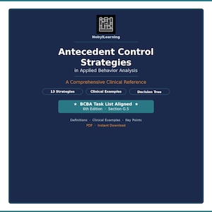 May include: A dark blue graphic with the text "Antecedent Control Strategies in Applied Behavior Analysis." The graphic includes the text "BCBA Task List Aligned" and "6th Edition Section G.5." Additional text includes "13 Strategies," "Clinical Examples," and "Decision Tree."