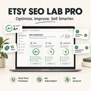 Może przedstawiać: Ekran laptopa wyświetlający pulpit nawigacyjny Etsy SEO Lab Pro z wynikiem SEO A+, sprawdzaniem słów kluczowych i analizą opisu. Interfejs pokazuje sekcje optymalizacji tytułu, tagów i opisu z zielonymi znacznikami wyboru.
