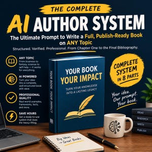 Może przedstawiać: Ciemnoniebieska książka zatytułowana Your Book Your Impact ze złotym piórem i ikoną otwartej książki. Obraz zawiera tekst o systemie autorskim AI, biały kubek z ikoną obwodu mózgu, notatnik spiralny z odręcznym tekstem oraz czarny długopis.