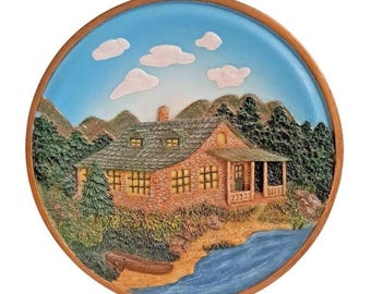 Vintage 3D-reliëfcabine aan het meer schilderachtige accentlamp verlichte harsplaat 6,5"