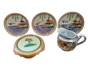 Japanese Lusterware  Porcelain Pagoda Misc. Lot of 5~Trivet~3 Saucers~Pitcher