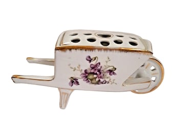 Vaso a carriola con violette viola dipinte a mano e rana per fiori, senza marchio