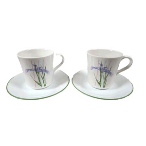Peut inclure: Deux tasses à thé en céramique blanche avec soucoupes assorties, ornées d'une illustration de fleur d'iris violette avec des tiges vertes et de fines lignes roses verticales. Les soucoupes ont un bord vert et les tasses une anse courbée.