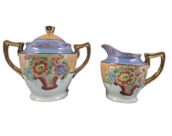 Lusterware Hand Painted Creamer & Lidded Sugar Bowl Made In Japan Vintage
