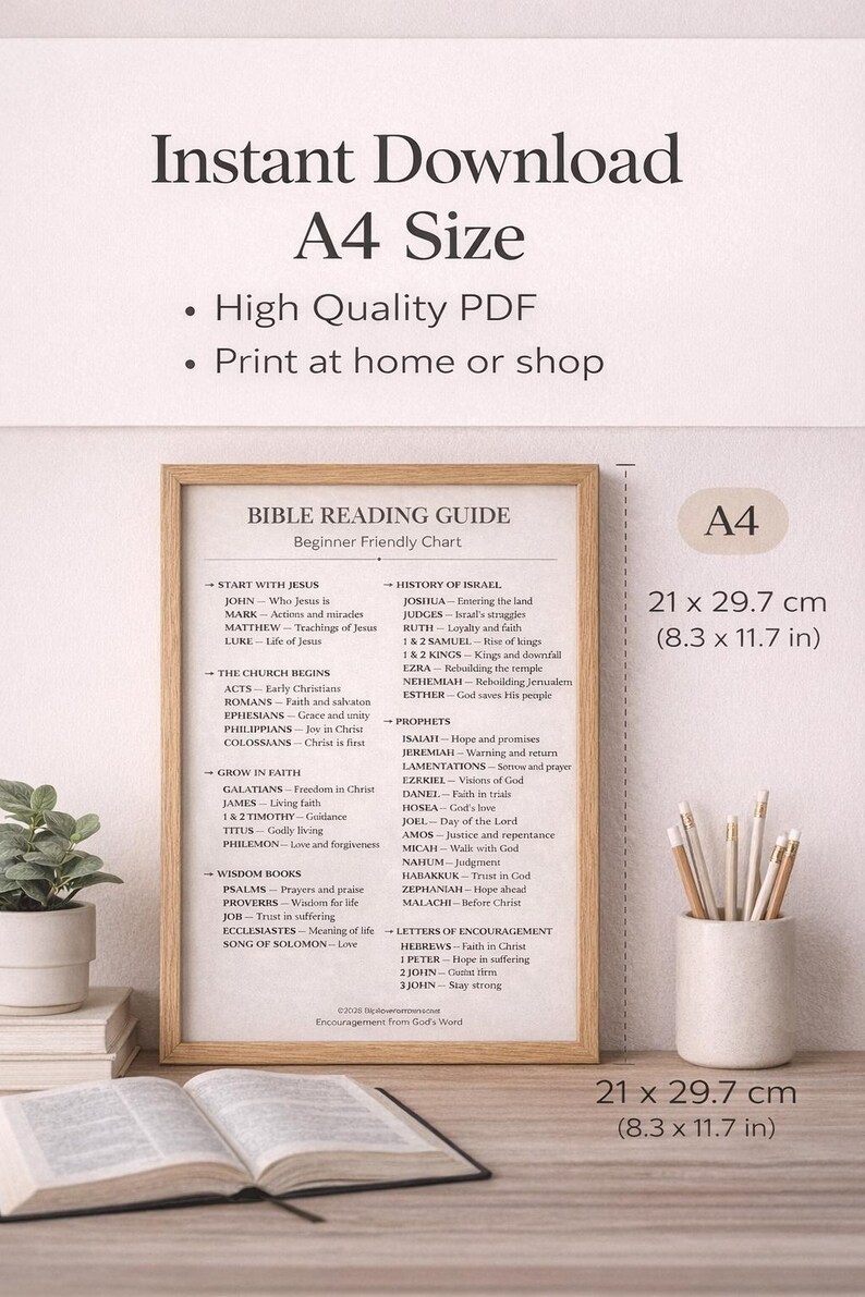 Może przedstawiać: Oprawiony przewodnik po czytaniu Biblii, format A4 (21 x 29,7 cm), z przyjaznym dla początkujących wykresem. Przewodnik wymienia księgi Biblii, w tym te o Jezusie, kościele, wierze, mądrości i prorokach. Widoczne są r&oacute;wnież oł&oacute;wki i otwarta książka.
