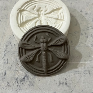 May include: A brown ceramic dragonfly with detailed wings and a circular design. The dragonfly is in a mold, which is white and has a similar dragonfly design.