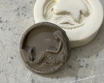 MMC Mermaid Circle Pottery Press Mold Relief or Sprig Mold Bisque Clay Stamp for Decoration and Texture
