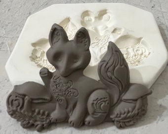 FW Fox in Woodland Clay Sprig Mold Pottery Press Mold Relief Mold or Sprig Mold Bisque Clay for Ceramic Decoration and Texture