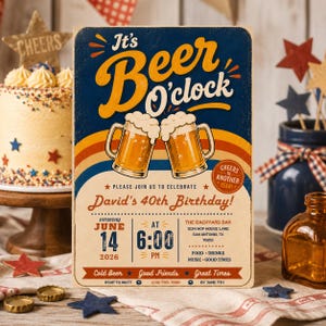 May include: A rectangular birthday invitation card featuring the text It's Beer O'clock, two beer mugs clinking, and details for David's 40th Birthday on Saturday June 14 2026 at 6:00 PM at The Backyard Bar in San Antonio, TX with a retro design.