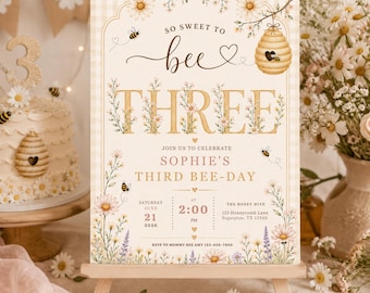 So Sweet to Bee Three Birthday Invitation | Editable Canva Template | Bee Birthday Invite | Wildflower Party | Instant Download