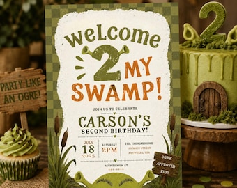 May include: A rectangular birthday invitation card with a green checkered border and a white center. The text reads: Welcome 2 My Swamp! Join us to celebrate Carson's second birthday! July 18, 2025, Saturday 2pm, The Thomas Home, Anywhere, USA.