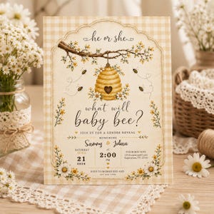 May include: A gender reveal invitation with a bee theme. The invitation features a beehive, bees, and floral accents. Text includes "He or She", "What will baby bee?", and event details for Sammy & Julian.