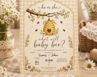 What Will Baby Bee? Gender Reveal Invitation, Rustic Honeycomb Baby Shower Invite (Digital Download)