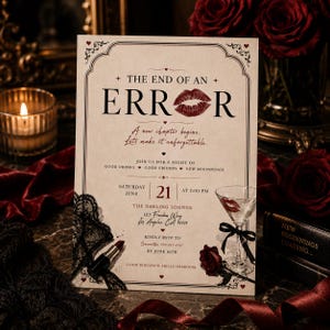 Pode incluir: Um cartão de convite com um design vintage, com o texto "THE END OF AN ERROR" e uma marca de beijo de batom. O cartão inclui detalhes do evento, um copo de martini, uma rosa e a frase "New Beginnings".