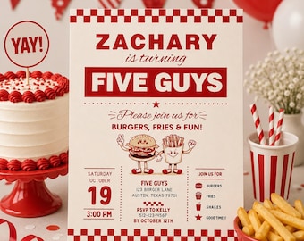 May include: A rectangular birthday invitation card with a red and white checkered border. The text reads ZACHARY is turning FIVE GUYS, Please join us for BURGERS, FRIES & FUN!, Saturday October 19, 3:00 PM, and includes party details.