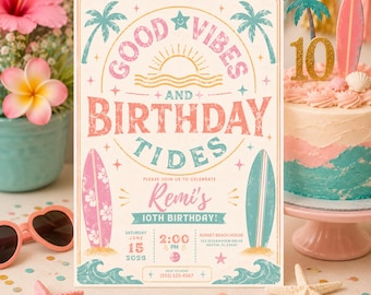 Peut inclure: Une carte d'invitation d'anniversaire rectangulaire avec le texte Good Vibes and Birthday Tides, Remi's 10th Birthday, Saturday June 15 2023, 2:00 PM, Sunset Beach House, et RSVP to Mom (555) 123-4567, ornée de palmiers et de planches de surf.