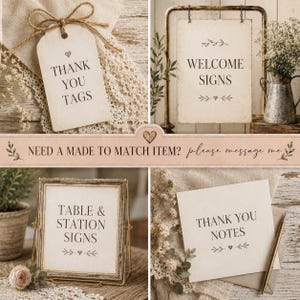 May include: A collection of cream-colored paper stationery featuring black text and small heart icons. Items include a thank you tag with twine, a welcome sign on a metal stand, a table and station sign in a frame, and thank you notes with a pen.