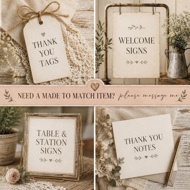 May include: A collection of cream-colored paper stationery featuring black text and small heart icons. Items include a thank you tag with twine, a welcome sign on a metal stand, a table and station sign in a frame, and thank you notes with a pen.